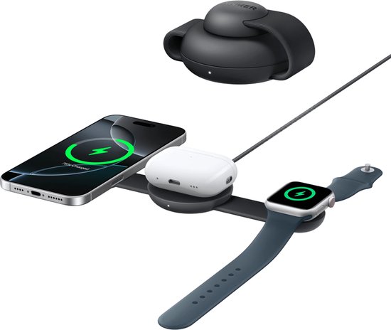 Anker MagGo 3-in-1 Vouwbare Draadloze Snellader - 15W Wireless Charger - Voor telefoons, oordopjes en smartwatchesor - Compact en Opvouwbaar Ontwerp - Zwart