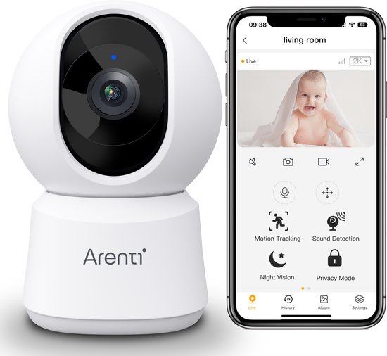 Arenti P2T 3MP Wifi Beveiligingscamera Voor Binnen - Huisdiercamera - Babyfoon - Beweegbaar - 2.4GHZ Wifi - Draadloos - Full360° bewaking - Geen Blinde Vlekken - Geen Maandelijkse Kosten - HD - Besturing via App - Onvif van Arenti