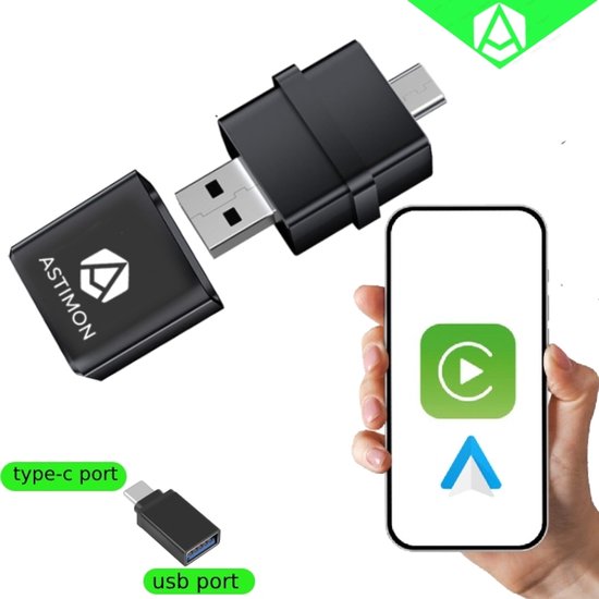 Astimon 2-in-1 Carplay Dongle Pro-Android Auto Dongle-Carplay Apple Geschikt - Carplay Draadloos Geschikt-USB - USB-C Aansluiting- 2025 Model-Wireless Carplay Geschikt van Astimon