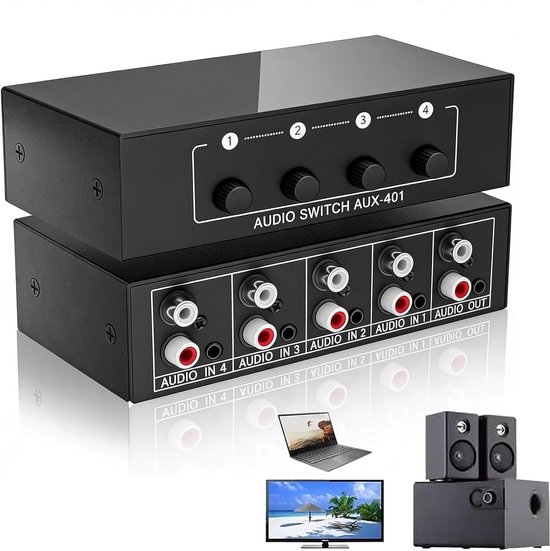 Audio Video Splitter 4-in-1 Out, Audio Switch 0.3cm Aux + RCA L/R, AUX Audio Switcher, Two-Way Audio Switch, Passive - ShopVlot
