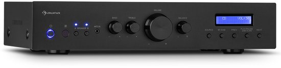 Auna Versterker, HiFi stereo mini-versterker, HiFi-versterker met bas- & treble-regelaar, 2-kanaals audioversterker, Stereo-versterker met afstandsbediening & DAB-radio, AV-receiver