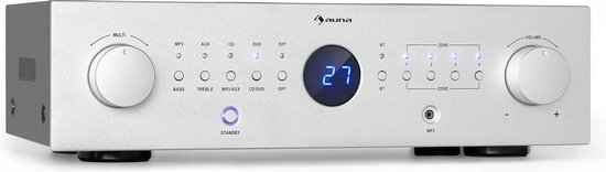 Auna Versterker, HiFi stereo mini-versterker, HiFi-versterker met bas- & treble-regelaar, 4-kanaals audioversterker, Stereo-versterker met afstandsbediening & AUX-ingang, AV-receiver
