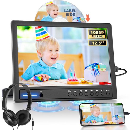 Auto DVD Speler 12,5 Inch – Hoofdsteun Bevestiging | 1080P | Inclusief Hoofdtelefoon & Zuignap | Draagbaar