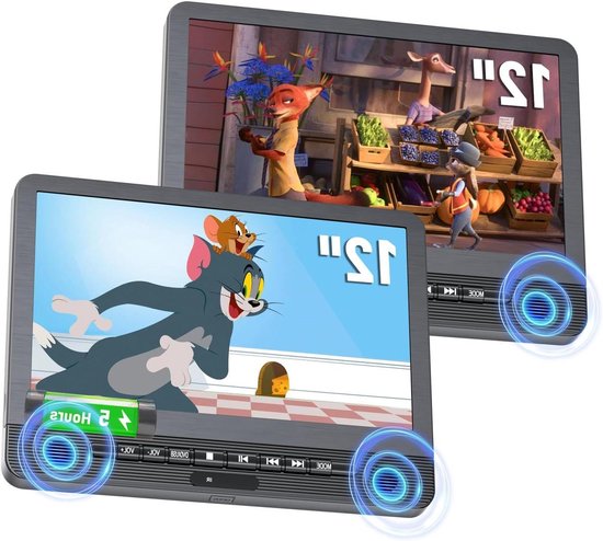 Auto DVD-speler - Dubbele schermen - Reizen met kinderen - 5 uur batterijduur - 2x 12 inch - Zwart