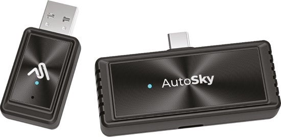 AutoSky AMS-2 Wireless Mirrorlink– USB-C DisplayPort (DP-Alt) – Draadloos Smartphone Scherm naar Auto – Werkt met Wired CarPlay – Stream Apps & Opladen Tijdens Gebruik van Merkloos