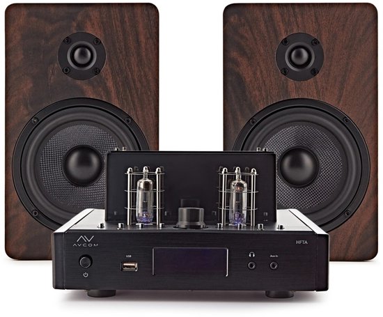AVCOM Vintage Style-versterker met passieve luidspeakers, walnoot