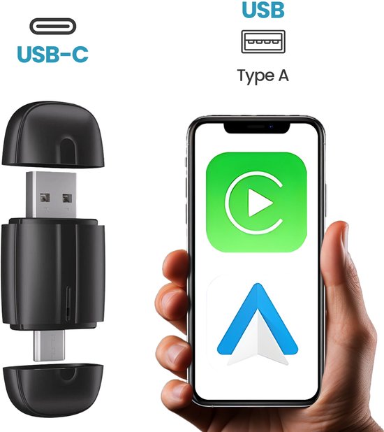 Azorix 2-in-1 Carplay Dongle - Android Auto Dongle - Carplay Apple Geschikt - Carplay Draadloos Geschikt - Wireless Carplay Geschikt - Android Auto Geschikt - USB - USB-C - Zwart - 2025 Model van Azorix