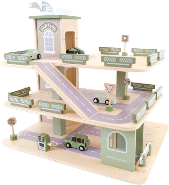 Bandits & Angels houten speelgoedgarage Bandits Parking Experience retro groen - 3 verdiepingen - lift - 4 auto's van Bandits & Angels