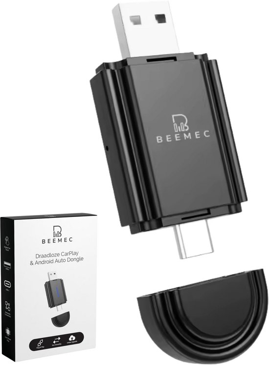 Beemec® All-in-One Car Dongle - CarPlay dongle - Android Auto Dongle - Draadloos CarPlay & Android Auto– USB-A/C - Zwart - 2025 van Merkloos