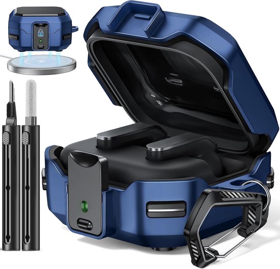 Beschermd Hoesje Voor Samsung Galaxy Buds 4 Pro/Buds 4 (Blauw) | Veiligheidssluiting Case met Carbonvezelontwerp, Inclusief Reinigingsset & Karabijnhaak