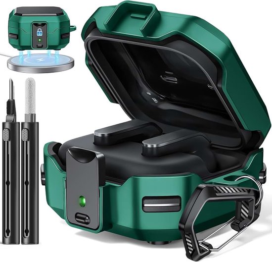 Beschermd Hoesje Voor Samsung Galaxy Buds 4 Pro/Buds 4 (Groen) | Veiligheidssluiting Case met Carbonvezelontwerp, Inclusief Reinigingsset & Karabijnhaak