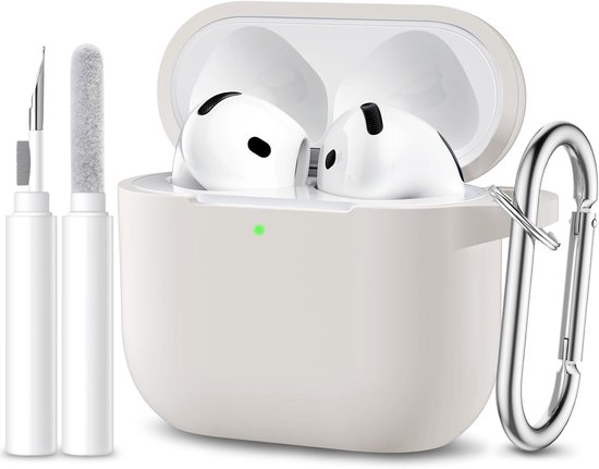Beschermhoes compatibel met AirPods 4 2024, schokbestendige beschermhoes van zachte siliconen voor Apple AirPods 4 generatie, hoes met reinigingsset en karabijnhaak [led zichtbaar], beige