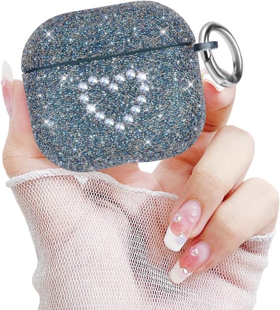 Beschermhoes compatibel met AirPods 4 Generatie Leuk liefdeshart-design glitter en diamant met sleutelhanger schokbestendige beschermhoes van zacht TPU voor Apple AirPods 4 gen zwart