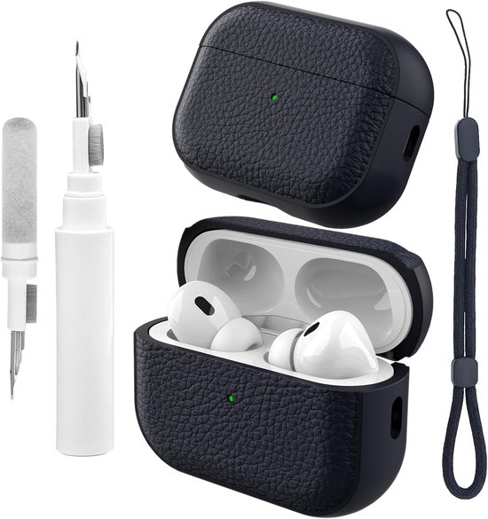 Beschermhoes compatibel met Airpods Pro 3 met reinigingsset, beschermhoes van TPU compatibel met Airpods Pro 3e generatie, case met polsband, textuur ontwerp (donkerblauw)