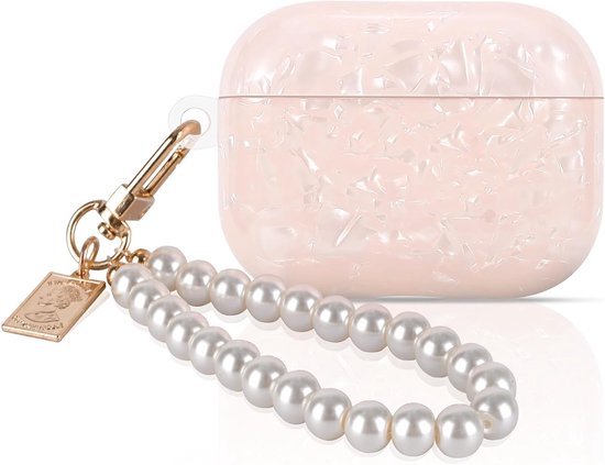 Beschermhoes, compatibel met AirPods Pro 3, Sparkle tas met parelsleutelhanger voor vrouwen, schokbestendig, ultradun, TPU, antislip, krasbestendig, anti-stof, roze