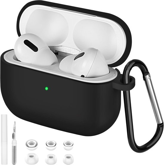 Beschermhoes compatibel met AirPods Pro2/1 2022, met reinigingsset en karabijnhaak, schokbestendige beschermhoes van zachte siliconen voor Apple AirPods Pro2/1 Generation hoes - zwart