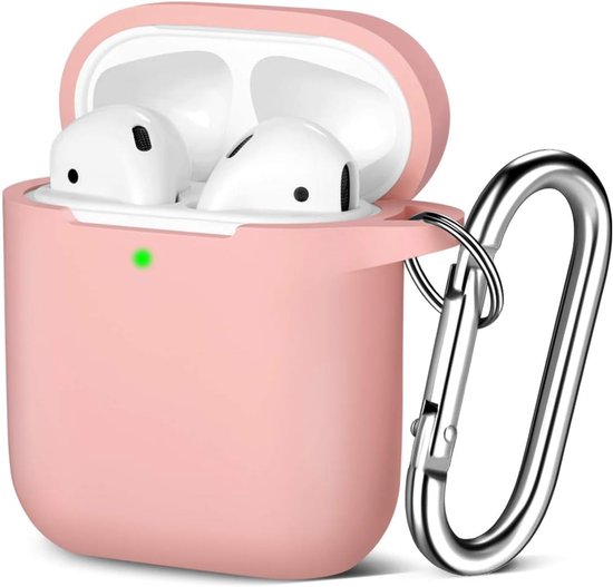 Beschermhoes compatibel met Apple Airpods 2 & 1, siliconen beschermhoes, zichtbare LED-indicator, ondersteunt draadloos opladen met karabijnhaak, lichtroze