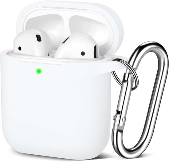 Beschermhoes compatibel met Apple Airpods 2 & 1, siliconen beschermhoes, zichtbare LED-indicator, ondersteunt draadloos opladen met karabijnhaak, wit