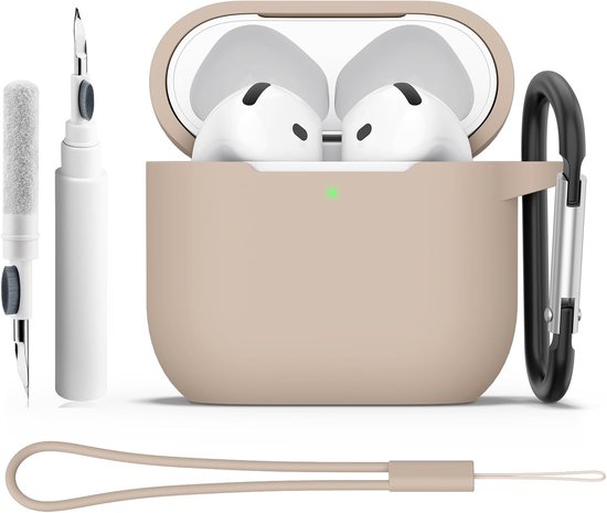 Beschermhoes voor AirPods 4 2024 met reinigingsset, 2 mm ultradunne schokbestendige siliconen beschermhoes, 4-in-1 accessoires voor Apple AirPods 4e generatie met karabijnhaak en koord