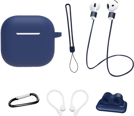 Beschermhoes voor AirPods 4e generatie (2024): AIYAAIYA 8 in 1 accessoireset voor AirPods met Apple Watch houder/sleutelhanger/anti verlieskoord/riem/oordophaakjes (Blauw)