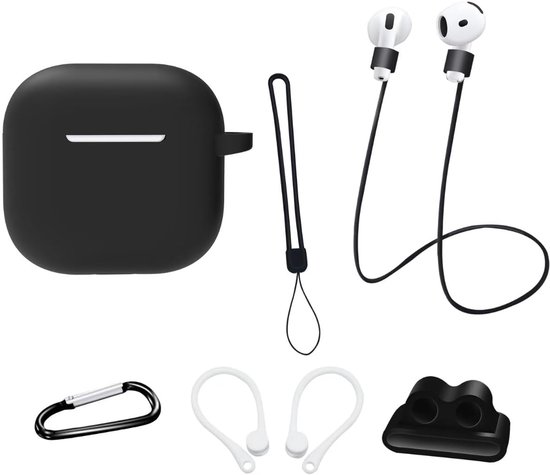 Beschermhoes voor AirPods 4e generatie (2024): AIYAAIYA 8 in 1 accessoireset voor AirPods met Apple Watch houder/sleutelhanger/anti verlieskoord/riem/oordophaakjes (Zwart)