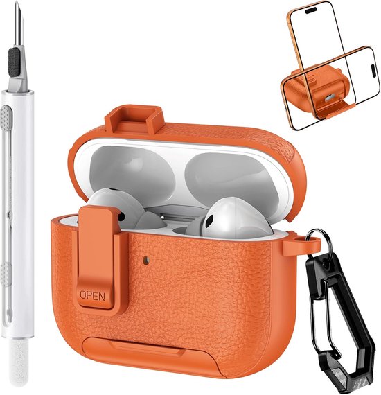 Beschermhoes voor AirPods Pro 3 (2025) met reinigingsset, zachte TPU met ledertextuur, praktische houder voor mobiele telefoon voor AirPods Pro 3 beschermhoes - oranje