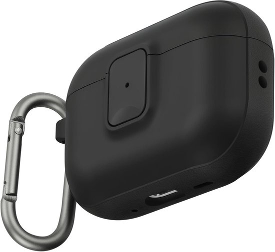 Beschermhoes voor AirPods Pro 3, compatibel met Apple AirPods Pro 3e generatie (2025), tweekleurig effect, met veiligheidssluiting en karabijnhaak, zwart