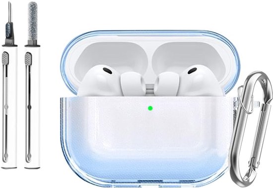Beschermhoes voor AirPods Pro 3, led zichtbaar aan de voorkant, met sleutelhanger en reinigingsset, karabijnhaak-sleutelhanger, beschermhoes van TPU, compatibel met AirPods Pro 3. (blauw)