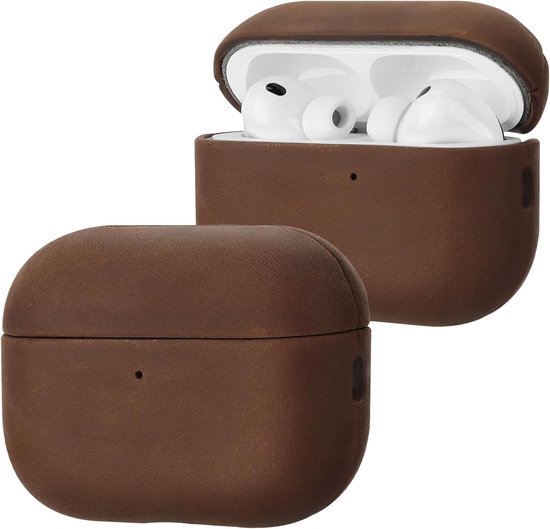 Beschermhoes voor AirPods Pro 3 van leer, beschermhoes van echt leer, voor draadloos opladen, handgemaakt, schokbestendig, compatibel met Apple AirPods Pro 3, donkerbruin