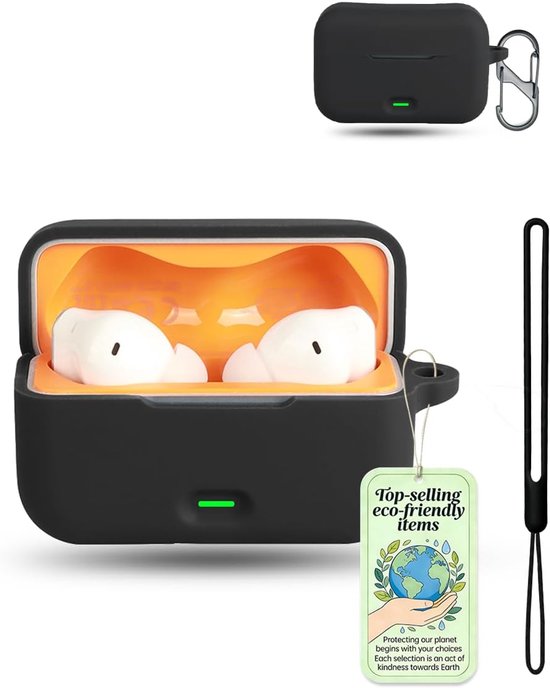 Beschermhoes voor Realme Buds T500 Pro, van vloeibare siliconen, schokbestendig, ultradun, krasbestendig, met karabijnhaak, compatibel met draadloos opladen, zwart