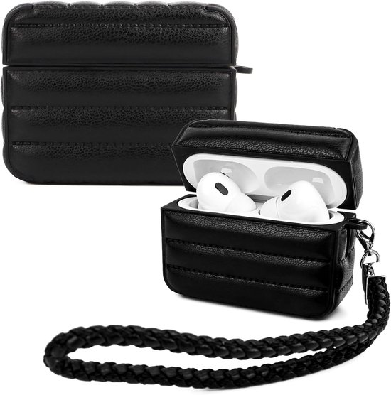 Beschermhoesje voor Airpods Pro 2, Compatibel met Airpods Pro 2e/1e Generatie (2023/2022/2019), Oordopjeshoes met Afneembare Draagriem, Harde Protective Case met Leren Strepen (Zwart)