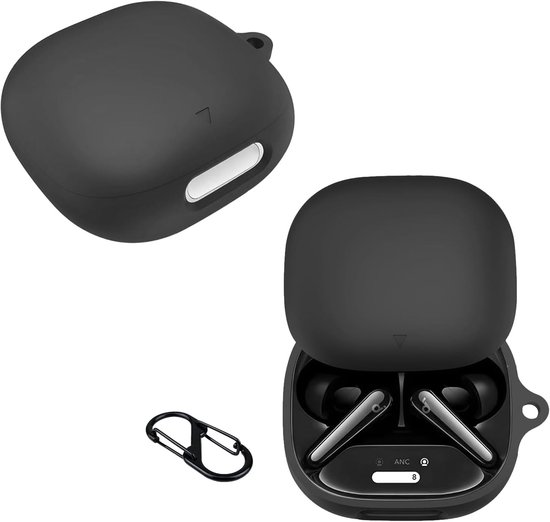Beschermhoesje voor Soundcore Liberty 4 Pro met karabijnhaak, ultradun, schokbestendig, krasbestendig, oplaadhoes voor hoofdtelefoon, duurzaam, flexibel, vloeibare siliconen, zwart