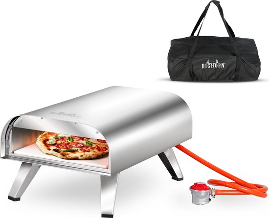 BIGHORN Gas Pizzaoven voor Buiten - Pizza Gourmet - Barbecue - Edelstaal - 30.5cm pizzasteen -temperatuurweergave tot 460 ° C - met Gasdrukregelaarset 50 mbar & Slang 50 cm - met Draagtas van BIGHORN