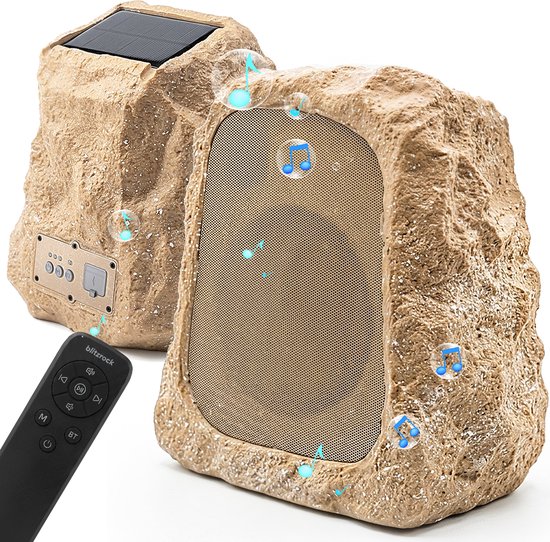 BlitzRock Set van 2 Bluetooth 5.4 Luidsprekers voor Buiten - Rotsdesign Tuinspeakers - 30 W HiFi Geluid - Solar Oplaadbaar - Weerbestendig