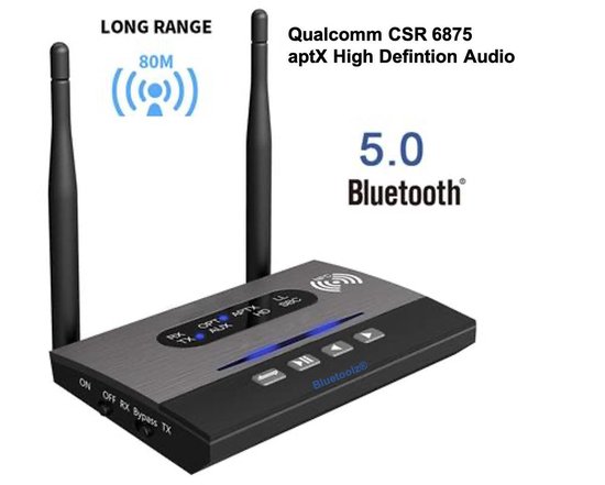 Bluetoolz® - BT 4753 met aptX - Sterke Bluetooth 5.0 High Res. Audio zender ontvanger - Quallcomm CSR8675 - Bluetooth Receiver Transmitter - 3.5MM Aux - Optical - Bluetooth Adapter - Bluetooth via Aux - 2 koptelefoons tegelijk - tot 80 meter van Bluetoolz