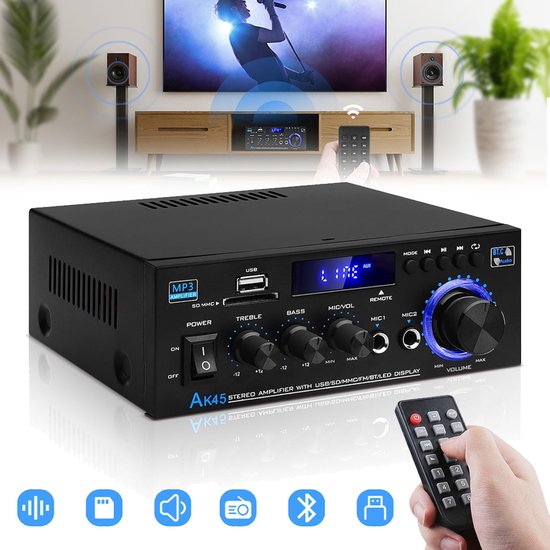 Bluetooth 5.0 Audioversterker Ontvangers - AK45 Hifi Stereo Mini Eindversterker RMS 40W 2.0 Kanaals Home Theater Audio Componenten Luidsprekers Versterker W/MIC USB RCA FM Radio