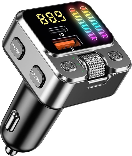 Bluetooth 5.3 FM Transmitter Auto - 42W PD Snellader - USB-C & AUX - Handsfree Bellen - LED Beat Sync - Geschikt voor 12V-24V Voertuigen - Bluetooth Muziekadapter