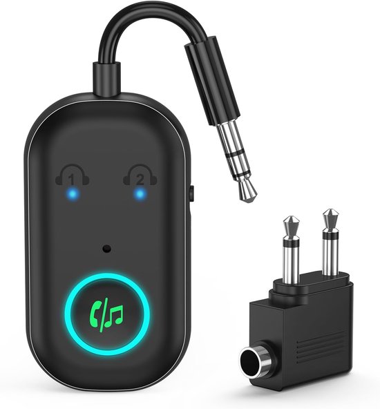 Bluetooth 5.3 zender ontvanger, vliegtuig bluetooth adapter 2 oortelefoons, draadloze audio-adapter auto, handsfree telefoon, max. 16H, 3,5 mm aux-aansluiting op de reisvlucht, tv, autoradio, fitnessruimte van Merkloos
