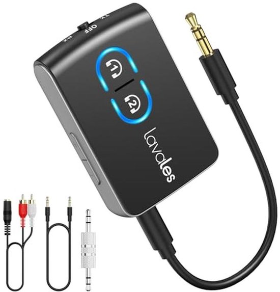 Bluetooth 5.3 Zender Ontvanger voor TV en Hifi - Audio Adapter met RCA & AUX - aptX Lage Latentie - Dual Link voor 2 Hoofdtelefoons van Merkloos