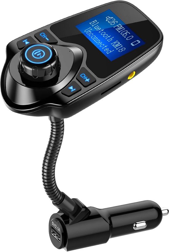 Bluetooth 5.4-auto-adapter met helder 1,44-inch display & flexibele zwanenhals – FM-zender & Bluetooth-ontvanger voor handsfree bellen, draadloze muziek via BT/FM/AUX/TF en USB-autolader