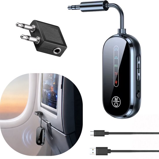Bluetooth 5.4 Transmitter en Ontvanger - Bluetooth Adapter - Vliegtuig Adapter - Bluetooth Zender - 3,5mm AUX Splitter - Dual Connect voor 2 Apparaten Tegelijk - Geschikt voor Vliegtuig, TV, Auto, Laptop en Tablet