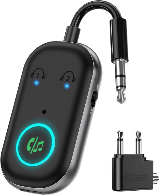 Bluetooth Audio Adapter - Zender Ontvanger - Draadloos Luisteren - Dubbele Hoofdtelefoon - 16 Uur Batterij - Zwart