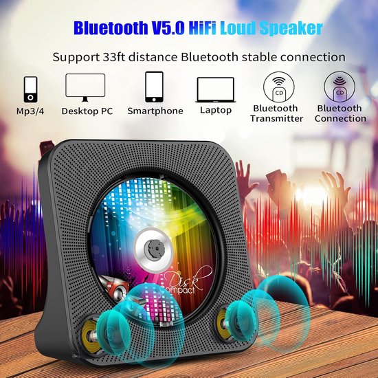 Bluetooth CD-Speler - Desktopdesign - Draagbare Radio-CD-Speler met Dubbele Luidsprekers en Timer - Ondersteunt CD/Bluetooth/FM/AUX/USB-Ingang - FM-Radio - Hoofdtelefoonaansluiting - Bluetooth-Overdracht