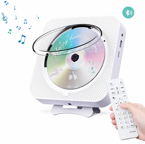 Bluetooth CD-speler - Draagbare CD-speler - Met FM-Radio/Bluetooth/USB - Luidsprekers - Monteerbaar op de Muur - Voor Volwassenen en Kinderen - Wit