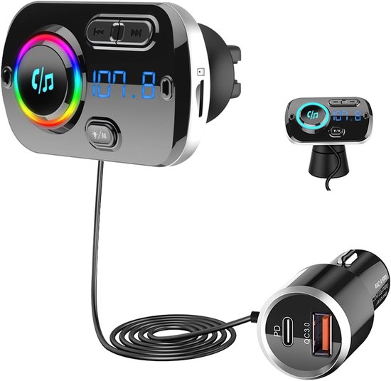 Bluetooth FM Transmitter, Bluetooth 5.0 Car Radio Transmitter, PD3.0 30W Type C & QC3.0, Bluetooth Car Music Player Adapter Hands-Free Calls, Support TF/Siri/Google