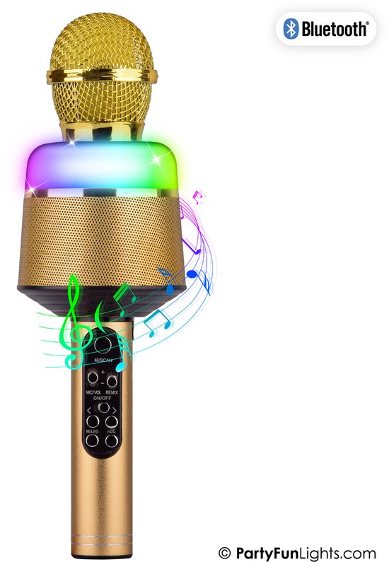 Bluetooth - Goud - Karaoke Set - Voor Kinderen en Volwassenen - Draadloos - Echo - Met Speaker - LED Licht - Nederlandse Handleiding