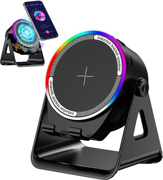 Bluetooth-luidspreker, 4-in-1 draadloze inductieve luidspreker, rgb-lamphouder multifunctionele telefoonhouder voor directe verbinding met stereo, 360 graden verstelbare houder, geschikt voor iPhone/Android/iPad/ samsung (zwart)