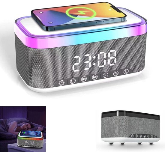Bluetooth-luidspreker, digitale radio-wekker met oplaadstation, 15W snellader, Bluetooth-luidspreker, LED-verlichting, USB-oplader, FM-radio