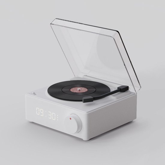 Bluetooth-luidspreker in de vorm van een platenspeler, draadloze Bluetooth-luidspreker met kaartinvoer, draagbare draadloze wekker, 3 standen, geschikt voor de slaapkamer, wit. van Merkloos