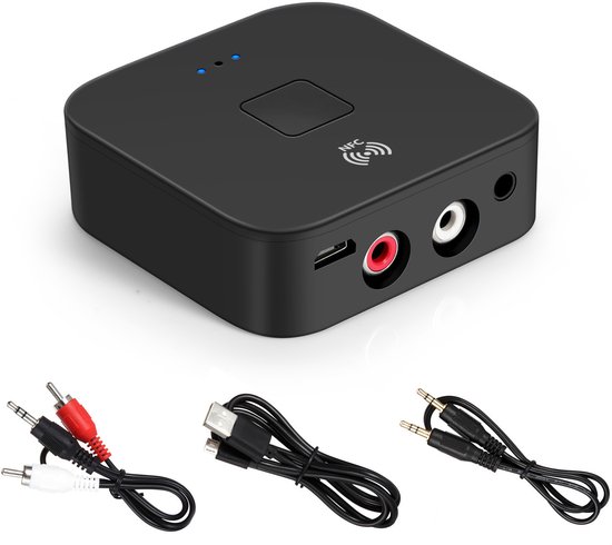 Bluetooth-ontvanger voor stereo-installaties thuis, RCA-interface, 3,5 mm AUX draadloze audioadapter, geschikt voor stereo-installaties thuis en in de auto, ondersteunt NFC.